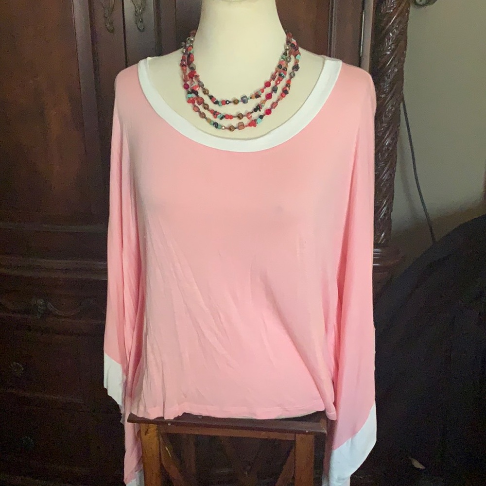 Traciel light Pink & white ladies tunic blouse flare sleeves size Medium